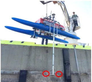 Fig. 5. Autonomous surface vehicle equipped with two hydrophones  (red circles)