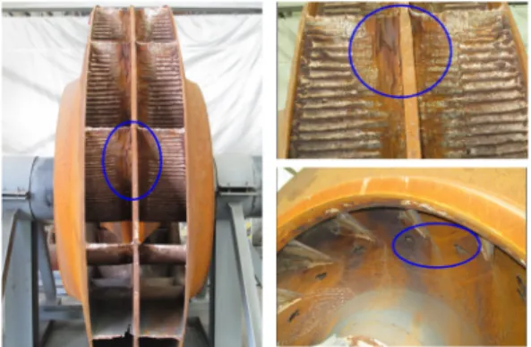 Fig.  1은  기존  송풍기의  분진에  의한  임펠러  침식을  나타낸  것이다. 송풍기 성능에 관한 국내 연구는 많으며[1~3], 침식에  관한 국내 연구는 배관내의 침식[4,5], 월 블로워 노즐을  통해 분사된 유동에 의한 벽면의 침식[6], 프란시스 수차 (Francis  turbine)의  침전물에  의한  침식[7]에  관한  수 치해석  연구가  있으나,  송풍기에  대한  침식해석은  거의  없는  실정이다