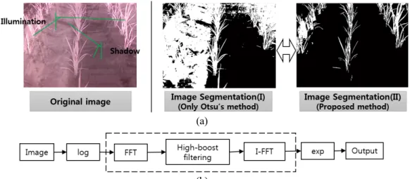 Fig. 3. Elimination of an image noise using homomorphic filter (a) Image segmentation result after image noise elimination, (b)  diagram of homomorphic filtering 