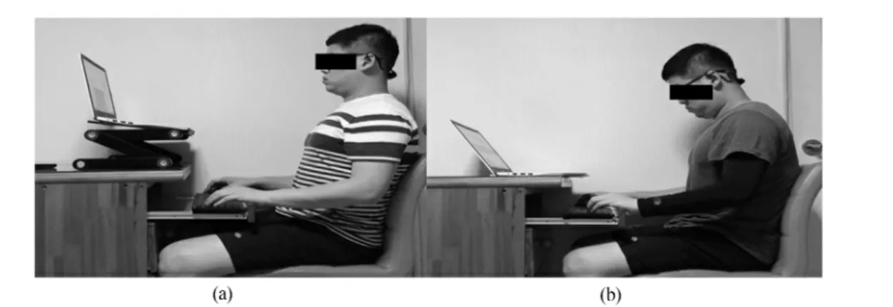 Fig. 1. The postures using laptop computer on the desk (a)  good head-neck posture with laptop computer stand, (b) neck forward head posture without laptop computer stand.
