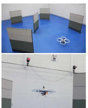 Fig. 5. Photos taken during the experiment in the motion capture  system  시간이   늘어나  항법  출력이  지연되므로  무인항공기의  제 어   성능이  저하된다