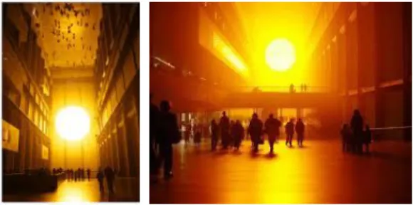 그림  4.  기후  프로젝트(The  Weather  Project),  2003,                설치 이벤트, 테이트 모던(tate Modern), 영국 런던  [그림 4] <기후 프로젝트>에서 예술 수용은 관객의 현존과 시지각적 관여를 전제로 하고 있다