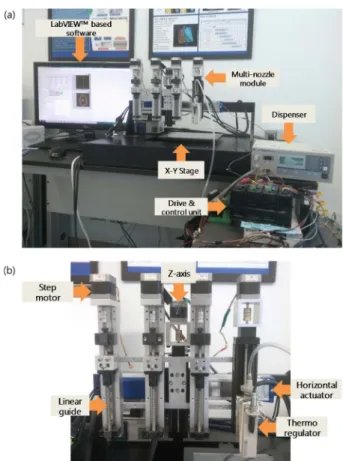 Fig. 1. (a) A multi-nozzle bioprinting system, (b) A structure of multi-nozzle system.