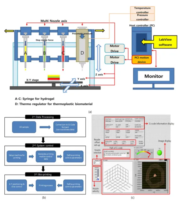 Fig. 2. (a) A schematic diagram, (b) the control software structure diagram and (c) the user interface of a multi-nozzle bioprinting system.