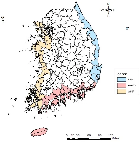 Fig. 1. Cluster map by sea area 이나  재해에  대한  예비  시스템이  부족한  국가의  경우  대규모  재산피해  및  인명피해가  지속적으로  증가할  수  있다.자연생태계가  점차  파괴되고  이상기후와  해수면  변동의  충격에  대한  완충작용이  제대로  이루어지지  않고  고스란히  전달됨에  따라,  연안지역의  취약성은  더욱  증가하고  있다[1]