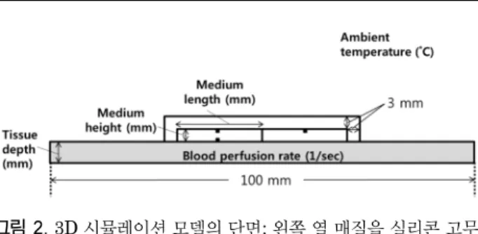 Fig. 2. Cross section of the 3D simulation model: Left thermal medium was silicone rubber and right medium was cork mat