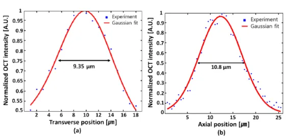 Fig. 2. Resolution test (a) The measured transverse resolution of the OCT system (b) The measured axial resolution of the OCT system