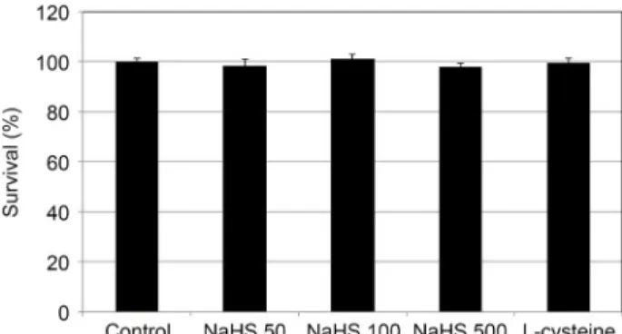 Figure 3. The Effect of sodium hydrogen sulfide (NaHS; 0,  50, 100, 500 μM) and L-cysteine (100 μM) on the expression  of endothelial nitric oxide synthase (eNOS) mRNA in cultured  human trabecular meshwork cells