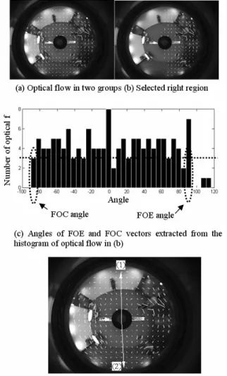 Figure 6 shows the angles of optical flow defined in  omnidirectional image. The maximum  h max  and minimum  h min   of histogram angles become the candidates of angles of  FOE and FOC vectors