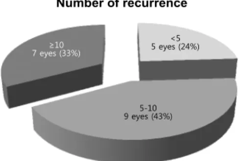 Figure 2. Number of previous recurrence in 21 eyes of 21 pa- pa-tients with recurrent corneal erosion.