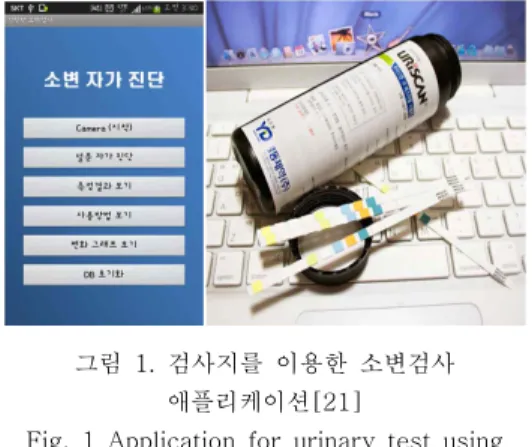 Fig.  1  Application  for  urinary  test  using  Urine  stick[21] 1. 치매진단에 사용가능한 기존의 연구 1.1 검사지(스틱)를 이용한 소변검사 소변검사란  소변의  색이나  혼탁도  등의  물리적  성상을  검사하고  소변으로  배출되는  여러  종류의  노 폐물을  반정량적으로  검출하는  검사로서  요로  감염  등의 신장 및 비뇨기계 질환, 내분비 질환, 대사성 질 환 및 전해질 이상을 비롯한 각