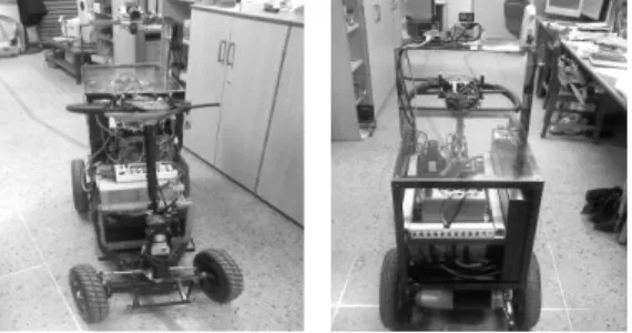 Fig. 8. Remote control experiments of UGV based on the commercial racing wheel (a, b) and