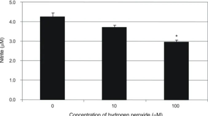Figure 4. Effect of L-ascorbic acid on the production of nitric  oxide (NO) in human trabecular meshwork cells against the  hydrogen peroxide-induced oxidative stress