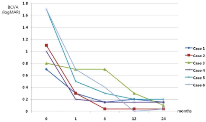 Figure 2. Best corrected visual acuity in each of six cases. 