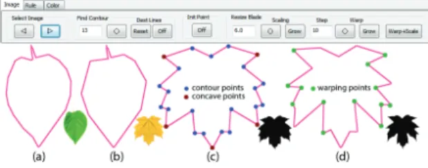 Figure 4: User interface in proposed authoring tool for leaf blade deformation. contour level : (a) 5, (b) 13 (c) 22; (c) detection of contour and concave points; (d) warping blade image.