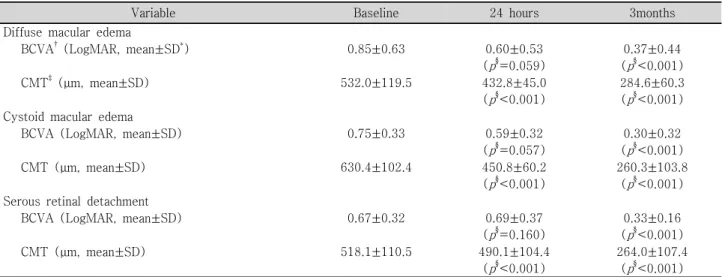 Table 4. Visual acuity and central macular thickness of eyes with macular edema from baseline after 24 hours and 3  months, according to different macular edema types in branch retinal vein occlusion patients treated with bevacizumab