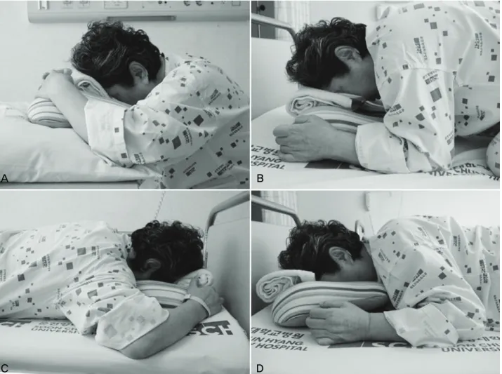 Figure 1. Body position of the patient. The patient spent most of the time with her arms flexed, applying pressure  on  the  bent  elbows