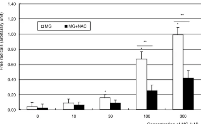 Figure 4. Effect of methylglyoxal on the generation of  superoxide.  Methylglyoxal  increased  superoxide   pro-duction  from  30  μM