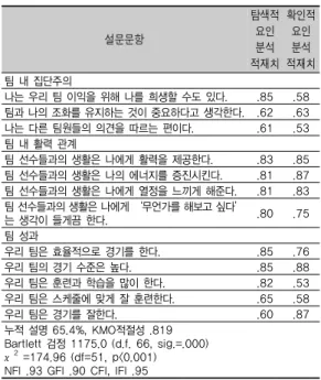 표 2. 탐색적 및 확인적 요인분석 적재치