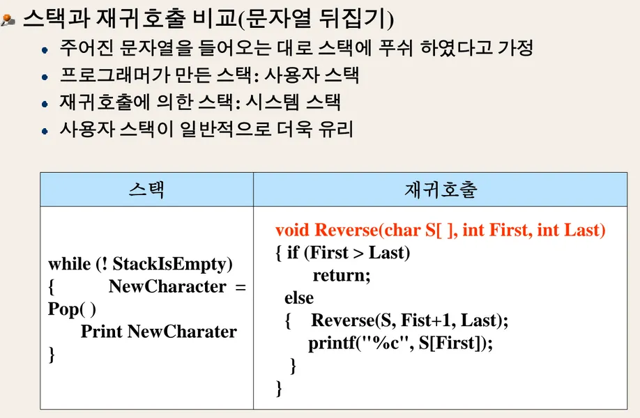 [표 6-1] 스택과 재귀호출의 비교