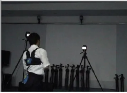 Figure 5. Subject with SPM in front of infrared light digital  camera for motion capture 