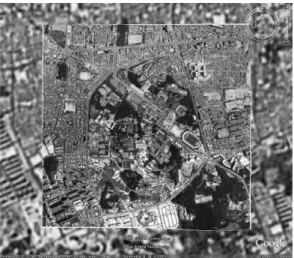 그림 14.  대학본부  3D  모형 그림  15.  수치정사영상의  영상타일 그림  16.  Google Earth에  로딩된  수치정사영상 며 ,  건물 3D  도화 및 텍스쳐를 제작할 때 사진 왜곡을 보 정하기 위한 기초  자료로 이용하였다 