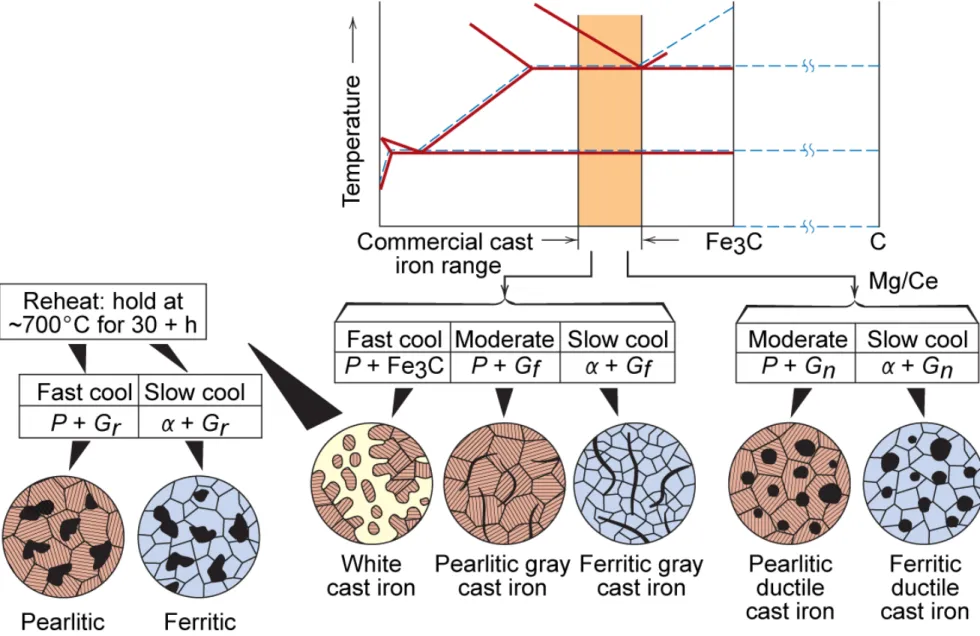 Fig. 13.5  주철의 Fe-C 상평형도와 열처리에 따른 미세구조.