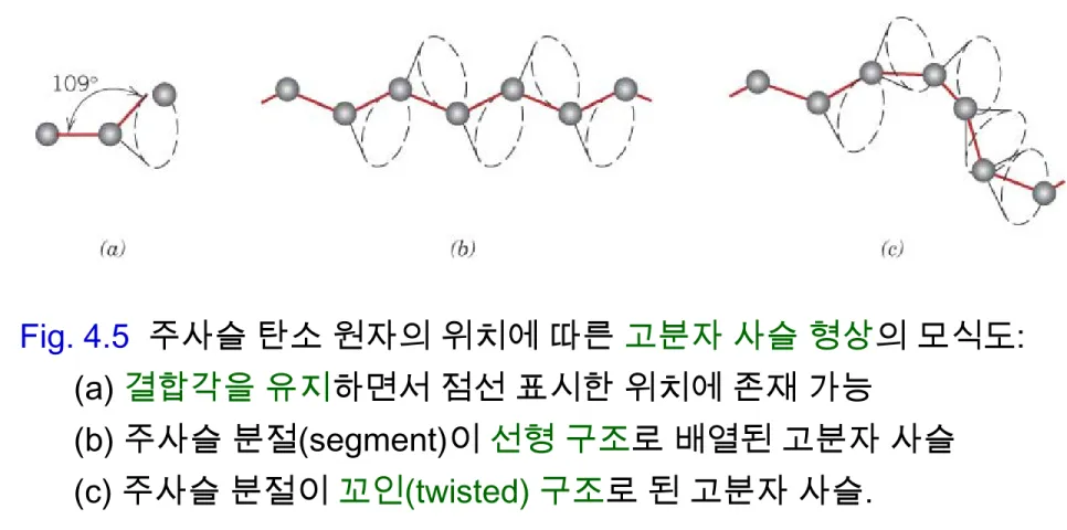 Fig. 4.5 주사슬 탄소 원자의 위치에 따른 고분자 사슬 형상의 모식도: