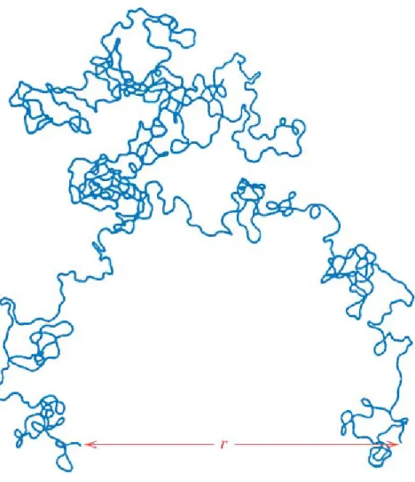Fig. 4.6 임의의 형상을 갖는 고분자 사슬의 개략도.r (end-to-end distance):고분자 사슬의 크기를나타내는양단간 거리 * Conformation:  단일결합 사슬 원자의 회전에 의해 변경될 수 있는 사슬 배열
