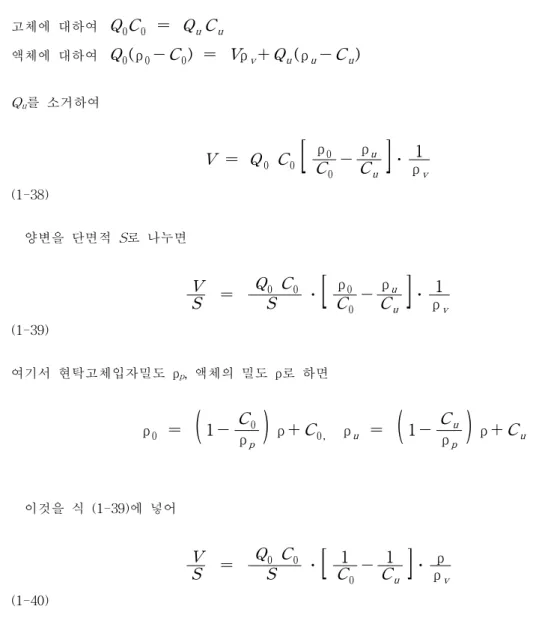 그림 1-18 thickener의 개념도 고체에 대하여 Q 0 C 0 = Q u C u 액체에 대하여 Q 0 (ρ 0 - C 0 ) = V ρ v + Q u (ρ u - C u ) Q u 를 소거하여 V = Q 0 C 0 [ Cρ 0 0 - ρ uC u ] ⋅ 1ρ v (1-38) 양변을 단면적 S 로 나누면 V S = Q 0 C 0S ⋅ [ Cρ 0 0 - ρ uC u ] ⋅ 1ρ v (1-39) 여기서 현탁고체입자밀도 ρ p , 액체의 밀도 ρ로 하면