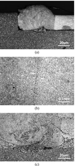 Fig. 7 (a) Cross sectional view of weld and microstructures  of (b) HAZ of AZ31 thin sheet and (c) HAZ of  AZ91D die casted frame on laser weld at 900W  laser power and 1,000mm/s travel speed.