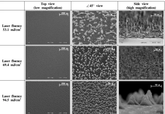 Fig. 4 SEM images of PI surface modified by UV  laser at laser fluence of 53.1 mJ/cm2 (a) ∠45° 