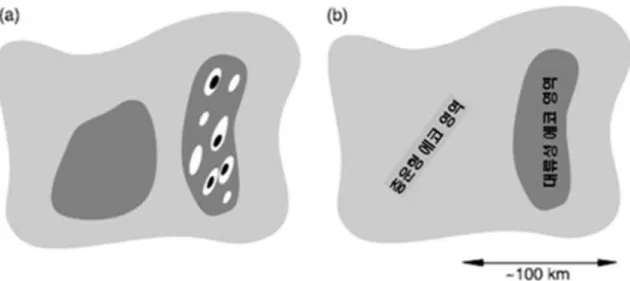그림  1.  MCSs 의  레이더  (a) 반사도  영상,  (b) 대류성  영역과  층운형  영역  구분(Houze,  2004)     층운형  강수구역은  통계적으로  레이더  반사도  34dBZ( 시간당  강수량  5mm)  이하로서,  발생한지  오래된  대류운이  소산되는  단계이거나  약한  상승운동의  결과로  나타난다