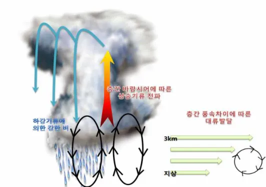그림  5.  불안정한  대기에서  발생한  뇌우의  강도를  유지시켜주는  연직  바람시어  모식도           여름철에  발생하는  뇌우의  경우  그림  3(b) 와  같이  강한  반사도를  가진  구역이  빙결고도보다  낮은  뇌우 의  하부에  위치한다