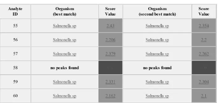 Fig. 3. Result overview of Salmonella spp. (sample 55∼60) from swine by MALDI TOF MS.