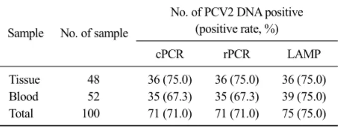 Table 3. Porcine circovirus 2 DNA detection in clinical samples  using the commercial PCR (cPCR) and real time PCR (rPCR) and  LAMP assay