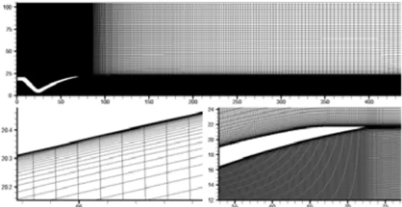 Fig.  2  Grid  Configuration  of  the  Thruster  Nozzle 실험값[9]을  비교한  결과,  해석치와  실험치가  서 로  잘  일치하였다