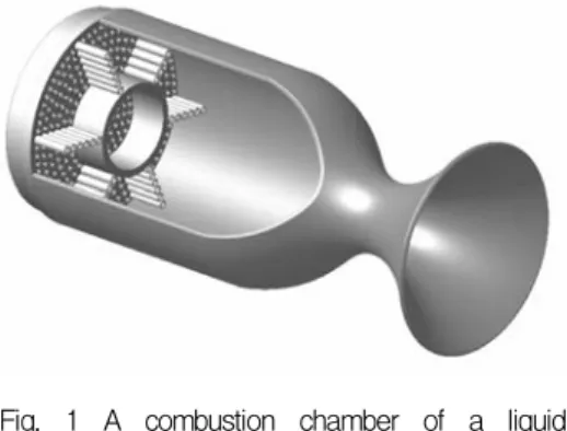 Fig.  1  A  combustion  chamber  of  a  liquid  rocket  engine  with  baffled  injectors 