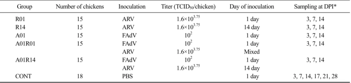 Table 1. Experimental design to evaluate the pathogenicity of Avian Reovirus (R) and/or Fowl Adenovirus (A) in the SPF chickens Group Number of chickens Inoculation Titer (TCID 50 /chicken) Day of inoculation Sampling at DPI*