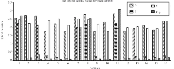 Fig. 1. Calculated net optical density values for each samples for the detection of C