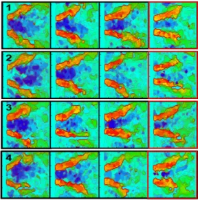 Fig.  6  Instantaneous  PIV  images  under  unstable  comditions     Fig.  6은  연소불안정이  일어났을  때  임의의  시 간에서  얻은  PIV이미지들을  통해  4개의  주기를 구성한  것이다