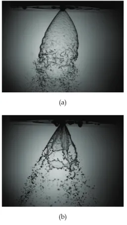 Fig. 10 Spray  image  of  single  injection  in  (a)  inner  injector,  (b)  co-injection  at  25%  mass  flow  rate  condition.