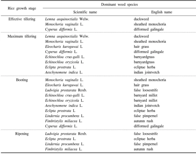 Table  3.  Dominant  weed  species  and  development  stage  of  rice  growth  stage  in  GM  rice  and  Nagdong.