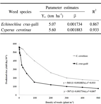 Fig.  1.  Observed  and  predicted  rice  grain  yield  as  a  function  of  and  in  direct-seeding  flooded  rice  cultivation