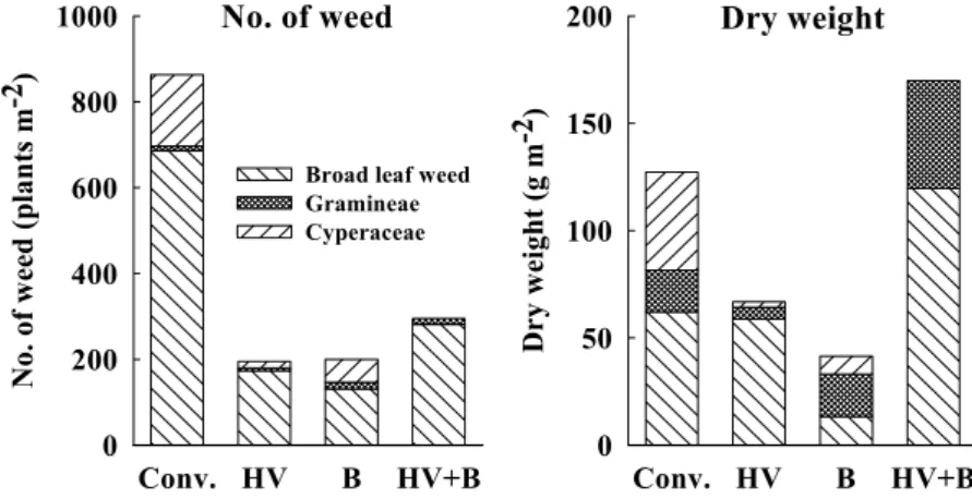 Fig.  2.  The  distribution  by  morphological  classification  of  occurred  weeds  after  incorporation  of  different  green  manure  crops  in  rice  field  without  weed  control