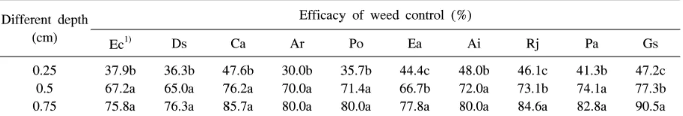 Table  2.  Effect  of  hairy  vetch  application  under  different  application  depths  on  control  of  weeds  in  vinylhouse.