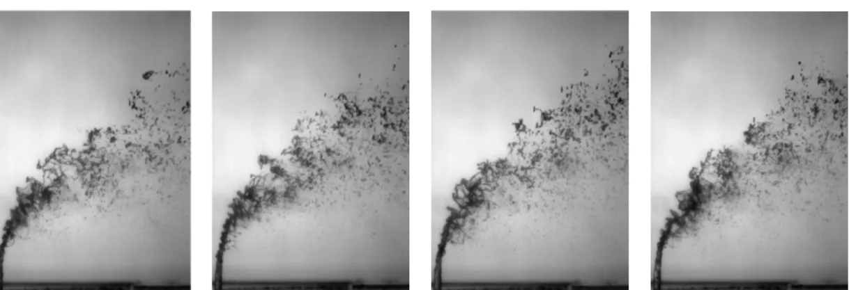 Fig.  10  Spray  images  of  liquid  jets  in  crossflows  at  △P  =  1  bar  and  P‘ pp  =  60  mbar  (from  left  to  right:  θ   =  0°,  90°,  180°,  270°).
