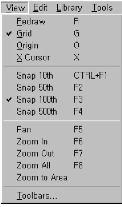 그림  3-2    View  Redraw :  프로그램  화면정리(메모리  정리)    Grid :  회로  작성에  필요한  그리드  표시여부  선택  X Cursor :  마우스  커서의  모양  선택  Snap 10th :  그리드  간격  10으로  지정  Snap 50th :  그리드  간격  50(기본값으로  사용  권장  )으로  지정  Snap 100th :  그리드  간격  100으로  지정  Snap 500th :  그리드  간격  5