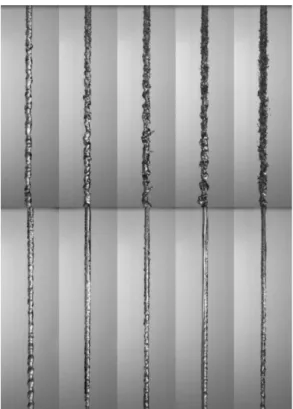 Fig.  6 Liquid  column  images  from  the  circular  nozzles  (from  top  to  bottom:  C-1-10,  C-1-05,  from  left  to  right:  Δ P  =  1,  3,  5,  7,  9  bar).
