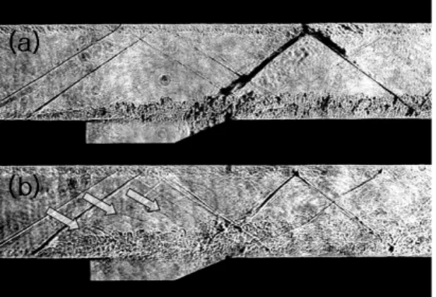 Fig.  3  Instantaneous  Schlieren  Images;  (a)  P f =90  kP,  J=1.17  (b)  P f =90  kPa,  J=3.92          레이저  슐리렌을  이용하여  전단층의  성장을  관측해  본  결과  전단층내의  유동특성  뿐만이  아 니라  연료  분사압의  증가에  따라  전단층내의  유 동간의  간섭부분에서  압축파를  관측할  수  있었 고,  이  같은  결과는  연료  분사압이  아